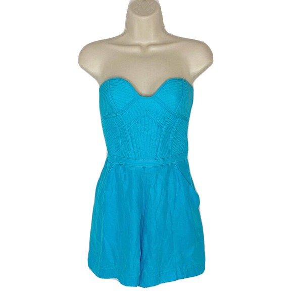 $286 Parker Women’s 100% silk Aqua Blue Strapless romper w pockets Sz Small New